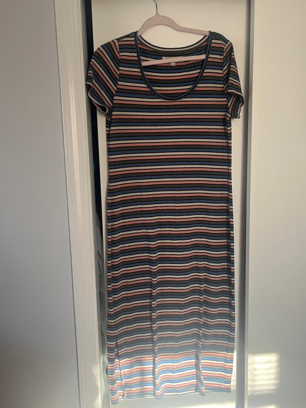 LOFT Sparkly Striped Short-Sleeve Maxi Dress in Blue, Pink & Cream